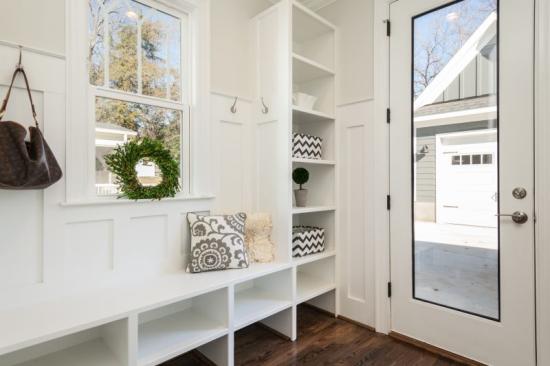 mudroom decorated for the holidays