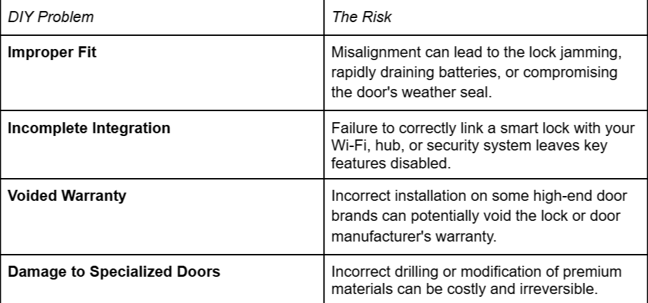 DIY Problem The Risk Improper Fit Misalignment can lead to the lock jamming, rapidly draining batteries, or compromising the door's weather seal. Incomplete Integration Failure to correctly link a smart lock with your Wi-Fi, hub, or security system leaves key features disabled. Voided Warranty Incorrect installation on some high-end door brands can potentially void the lock or door manufacturer's warranty. Damage to Specialized Doors Incorrect drilling or modification of premium materials can be costly and irreversible.